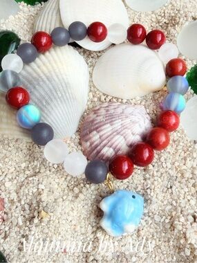 Blue ceramic fish pendant colorful beaded bracelet WITH RED JADE